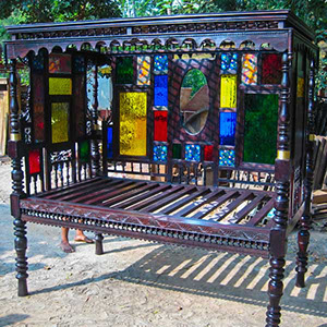 rosewood + Teakwood mix 3 side glass sofa cum bed made from old rosewood 3 side beds